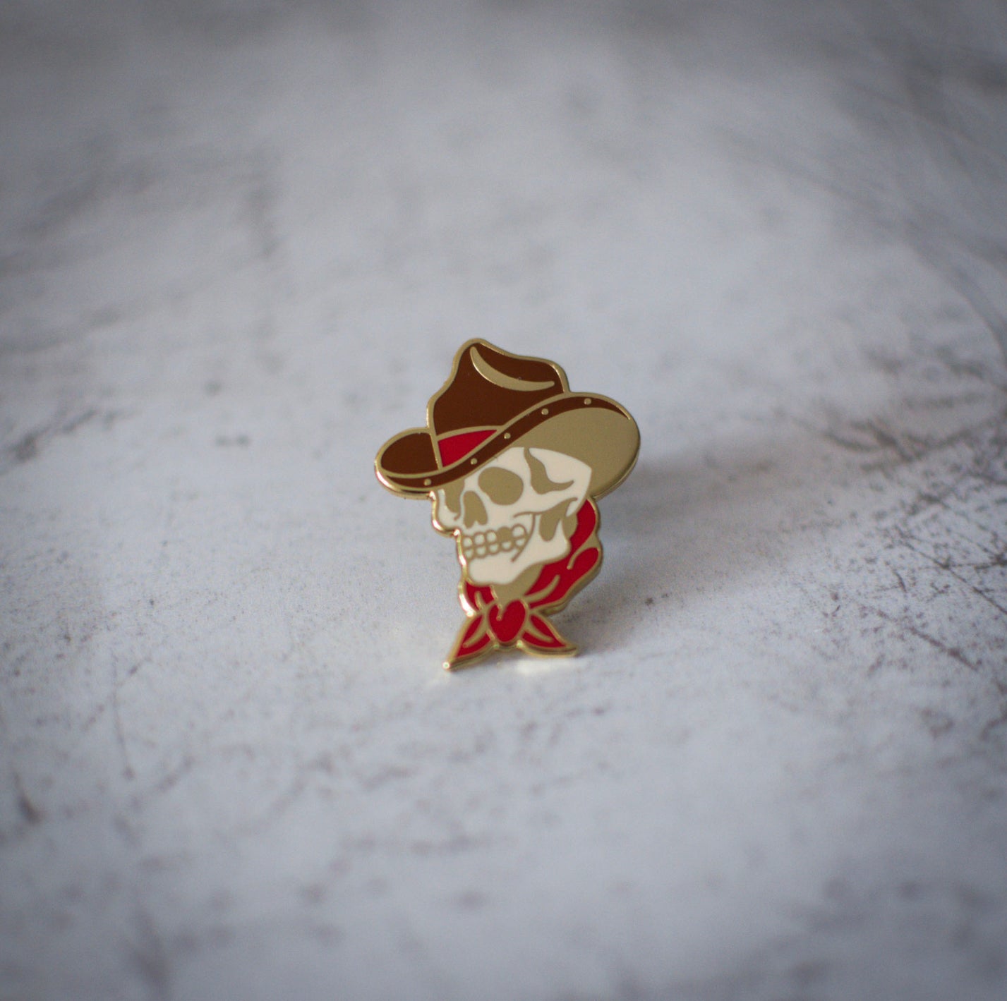 American Traditional Cowboy Skull Enamel Pin Close Up