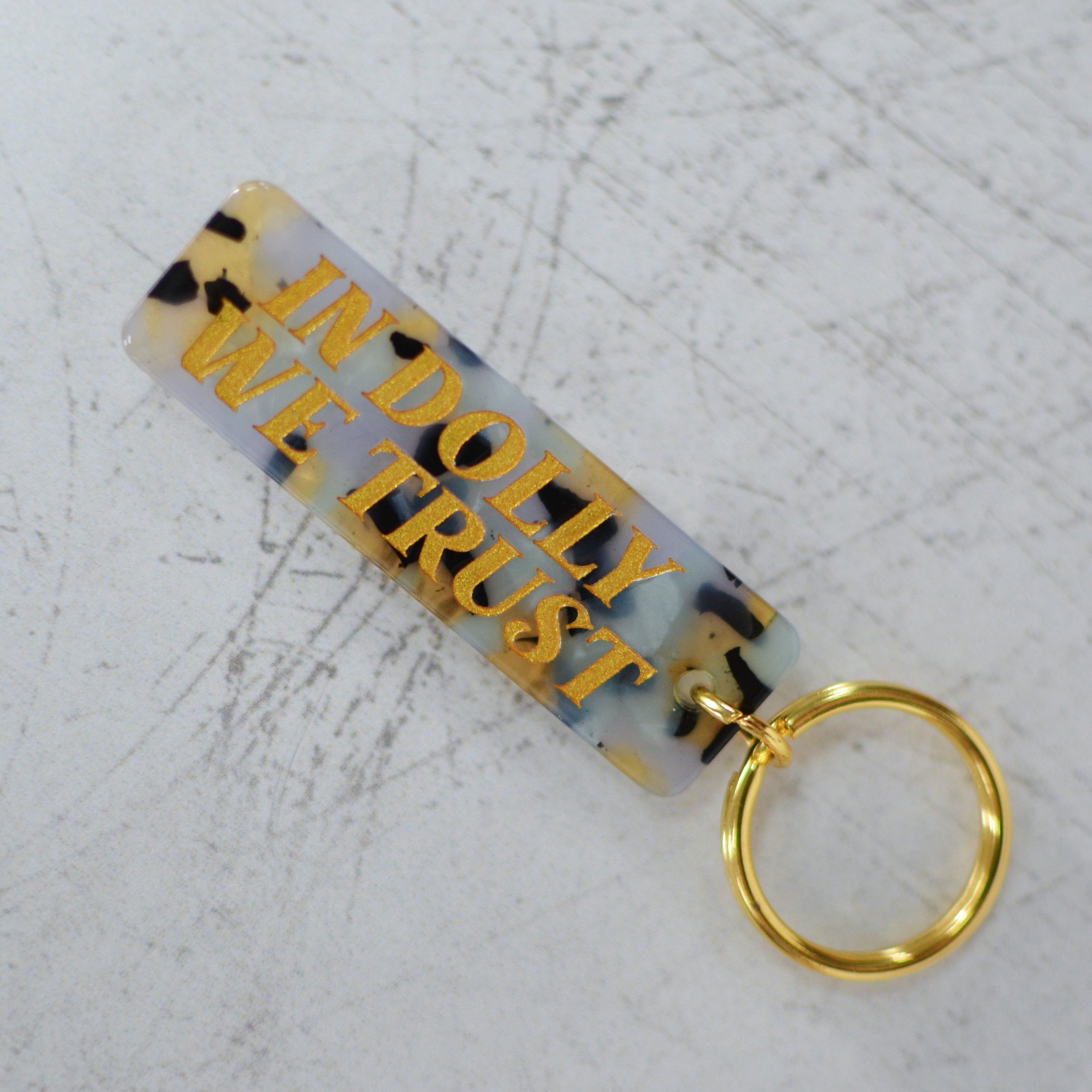 In Dolly We Trust Leopard Print Keychain Angled View