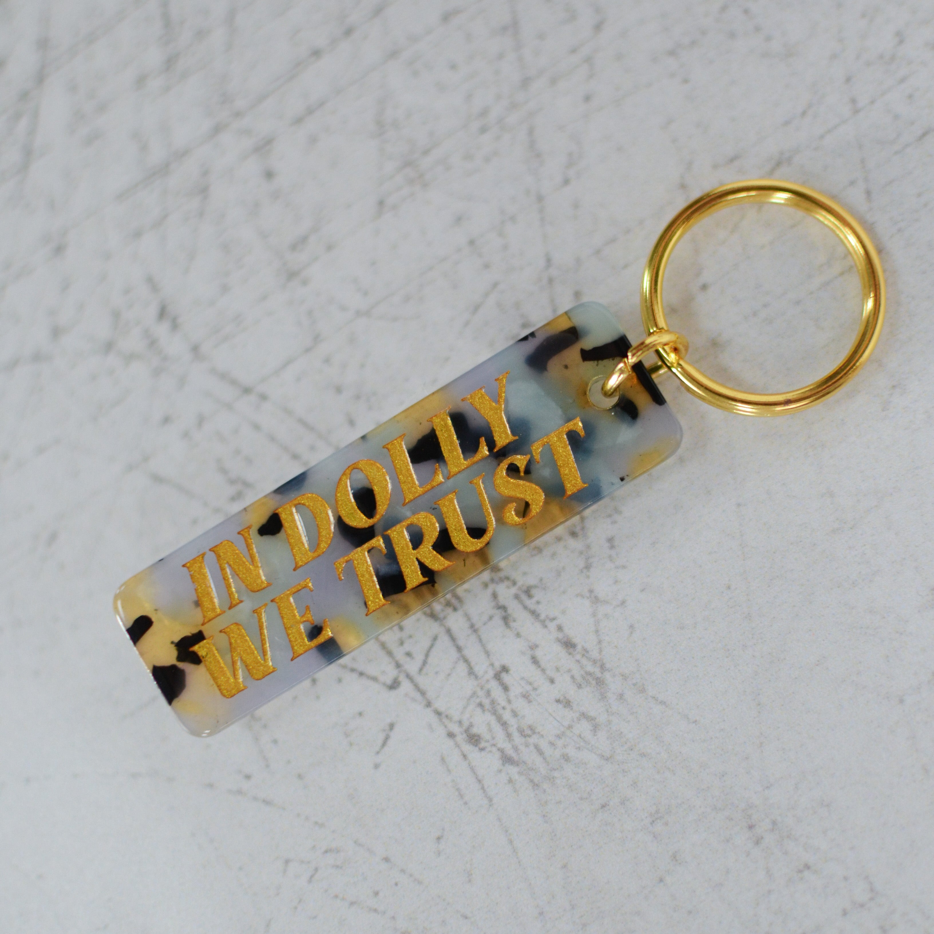 In Dolly We Trust Leopard Print Keychain Close Up