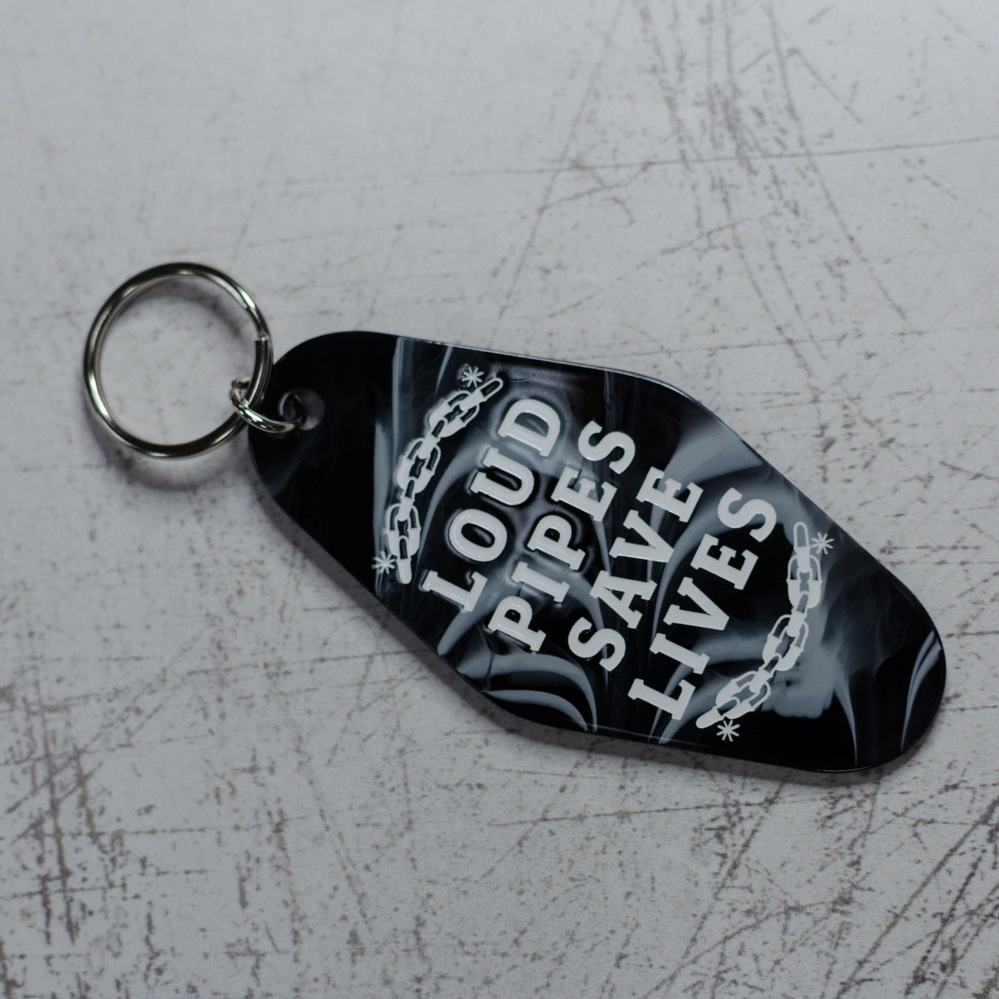 Loud Pipes Save Lives Motel Keychain Sideways View