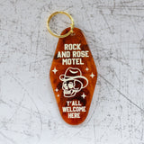 Rock And Rose Motel Keychain In A Motel Key Style Front View