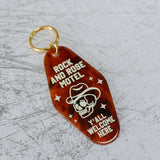 Rock And Rose Motel Keychain In A Motel Key Style With A Cowboy Skull Design