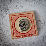 American Traditional Speed Skull Design Enamel Pin in Packaging