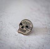 American Traditional Speed Skull Design Enamel Pin Close Up