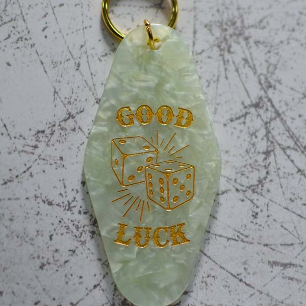 Good Luck With Dice Design Motel Style Keychain Close Up