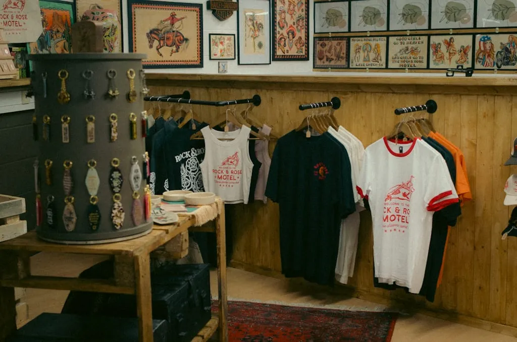 The Shop with t-shirts and keyrings on display