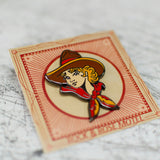 American Traditional Cowgirl Enamel Pin in Packaging Close Up Shot