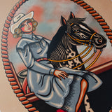 American Traditional Cowgirl on Horse Art Print Angled Close Up