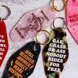 Selection Of Rock And Rose Motel Keychains In A Motel Key Style