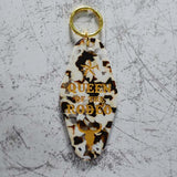 Queen Of The Rodeo Cow Print Motel Style Keychain Close Up
